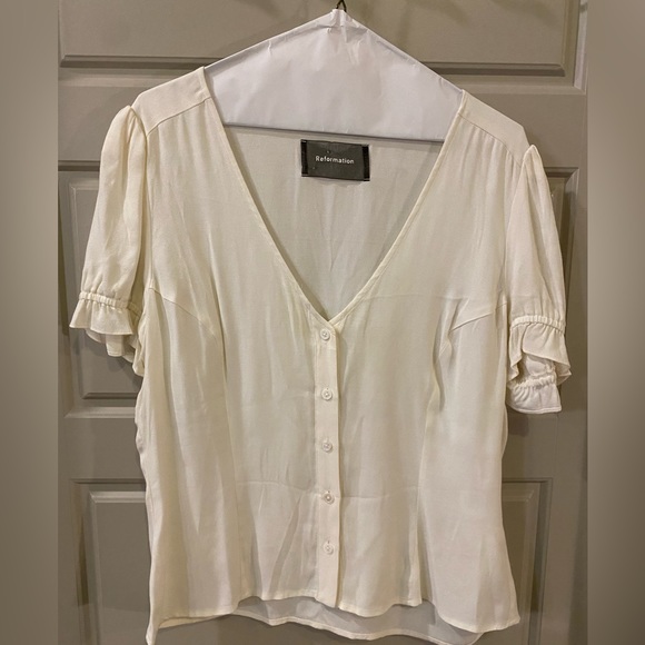 Reformation Allegra Button Up Top with Puff Sleeves White Blouse - Picture 9 of 9